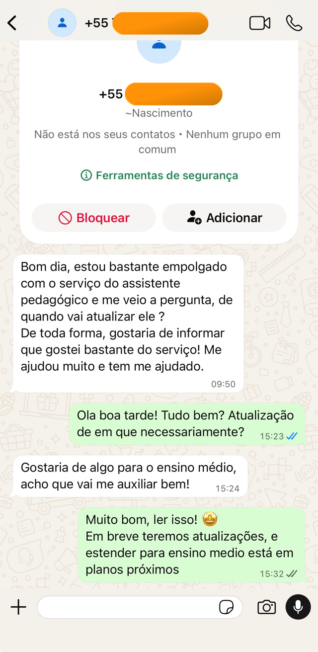 Print de WhatsApp do Professor Nascimento: estou bastante empolgado com o serviço, gostei bastante, me ajudou muito e tem me ajudado